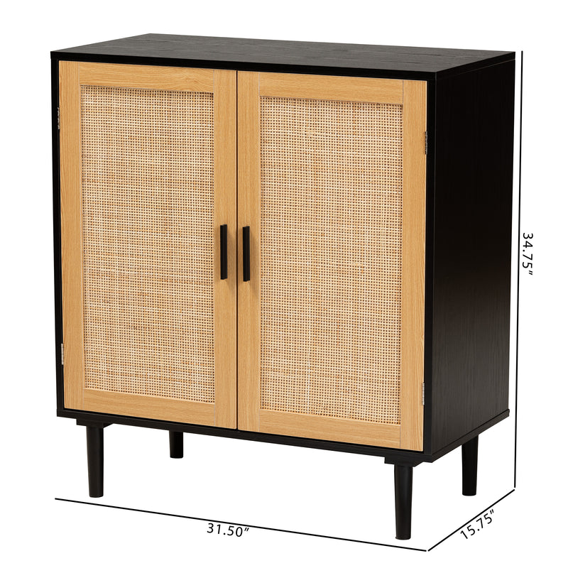 Maureen Storage Cabinet Mid-Century Modern Espresso Brown Wood and Rattan 2-Door Design for Stylish Organization