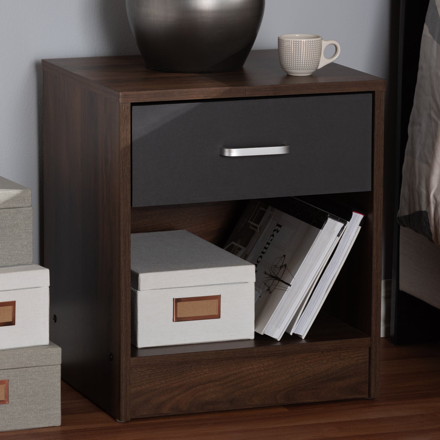 Hansel Nightstand - Modern 1-Drawer Design in Dark Brown and Grey Finish for Stylish Bedroom Storage