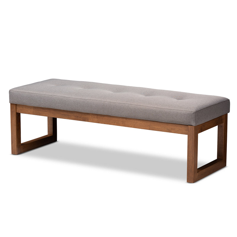 Caramay Bench Modern and Contemporary Grey Fabric Upholstered Walnut Brown Finished Wood