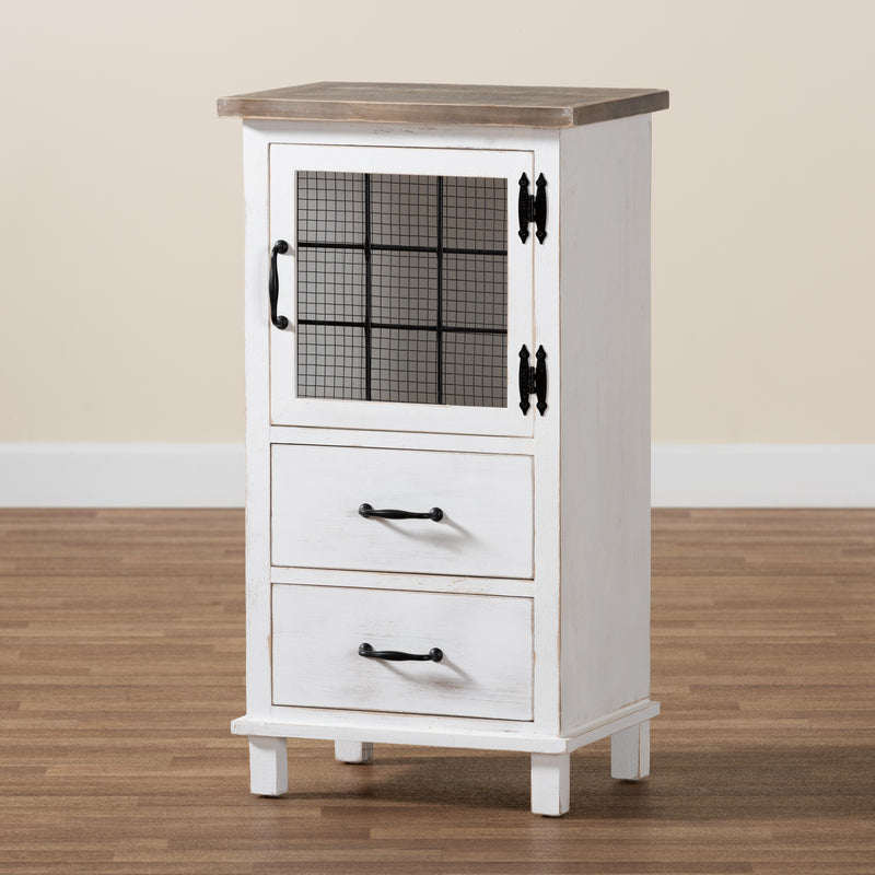 Faron Storage Cabinet Classic Farmhouse Style Two-Tone Distressed White and Oak Brown Finish with 2 Drawers for Organized Storage