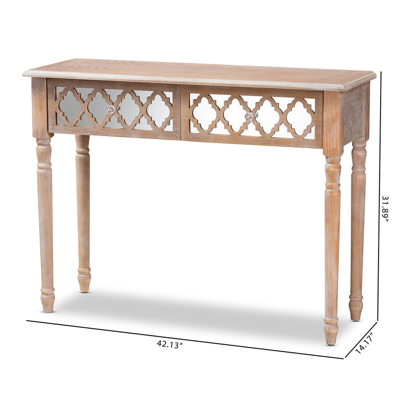 Celia Console Table - Rustic French Country Design with White-Washed Wood and Mirror, 2 Drawers and Quatrefoil Accents