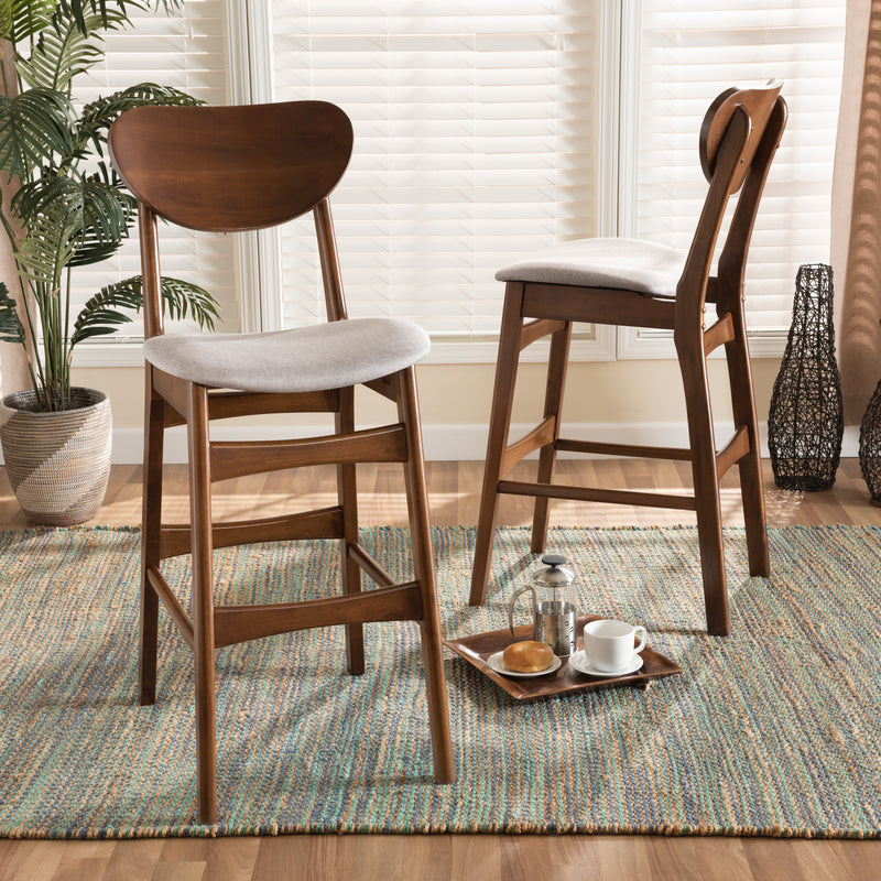 Katya Bar Stool Set Mid-Century Modern Grey Fabric Upholstered Walnut Brown Finished Wood 2-Piece