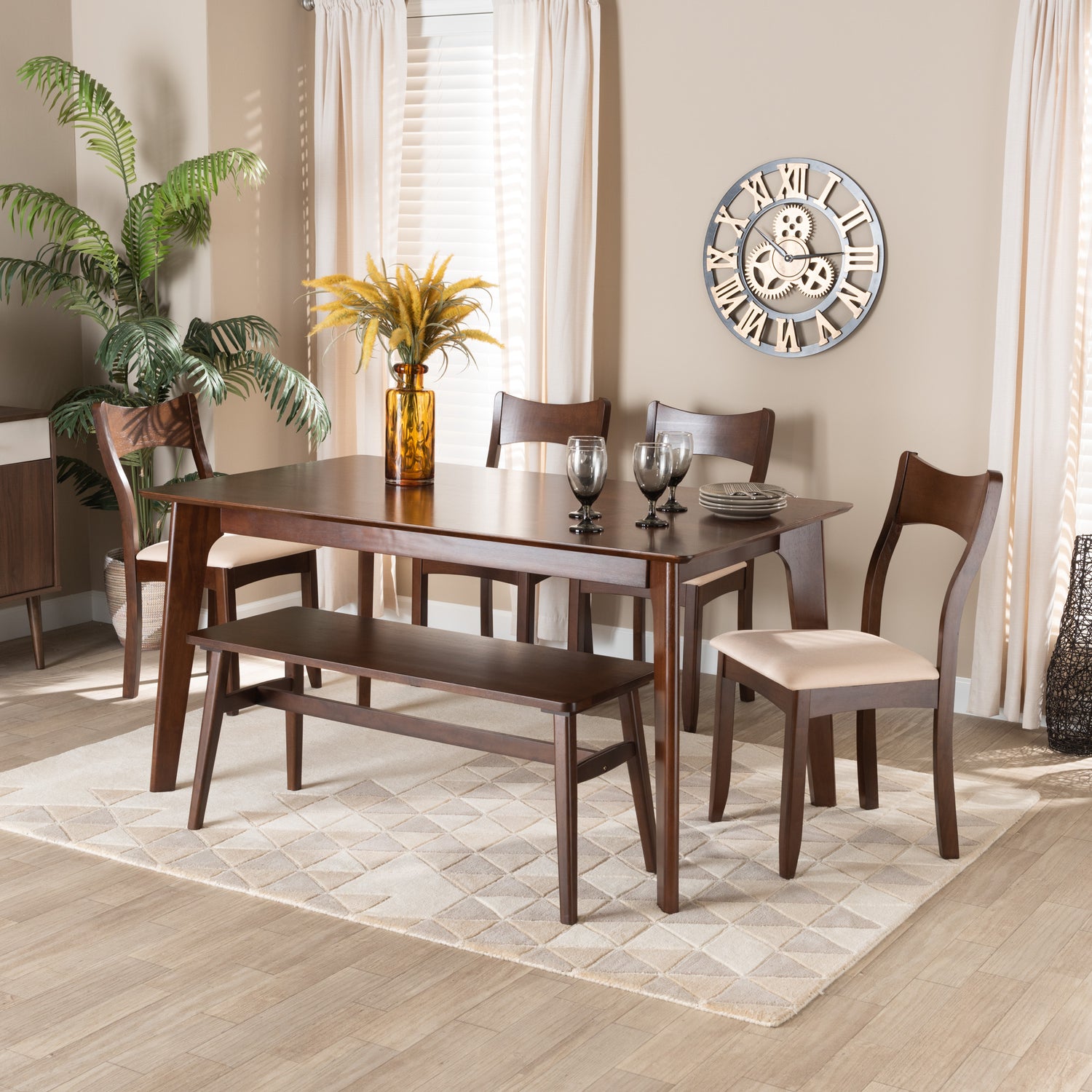 Adreana Dining Set Mid-Century Modern Cream Fabric and Dark Brown Finished Wood 6-Piece