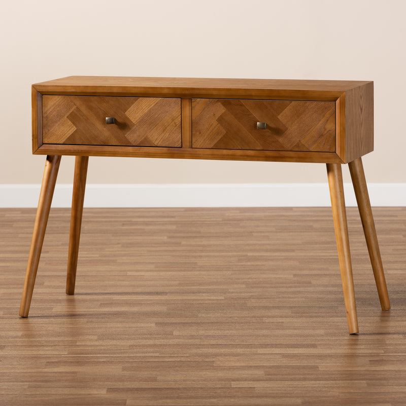 Mae Mid-Century Modern Console Table Natural Brown Wood with 2 Drawers for Stylish Storage and Display