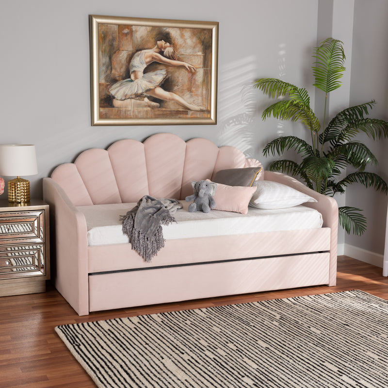 Timila Daybed - Modern and Contemporary Light Pink Velvet Fabric Upholstered with Trundle