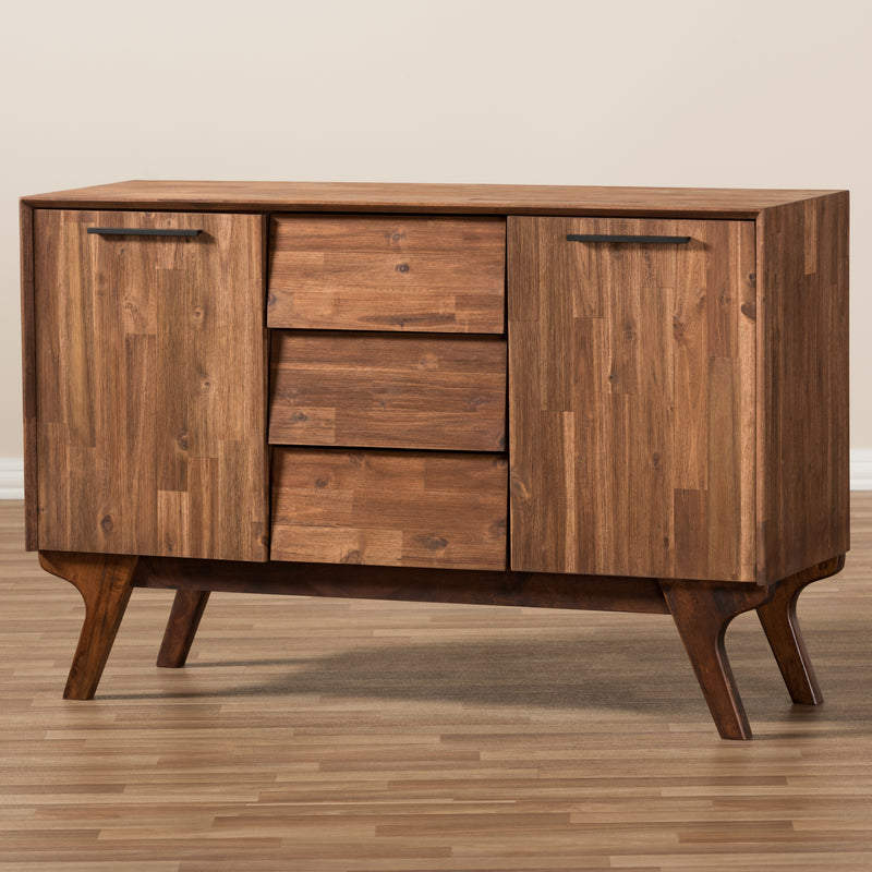 Sierra Sideboard Mid-Century Modern Brown Wood 3-Drawer Storage Cabinet for Living or Dining Room