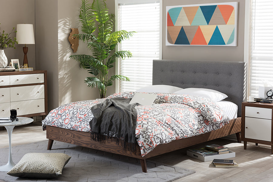 Alinia Platform Bed - Mid-century Retro Modern Grey Fabric Upholstered Walnut Wood