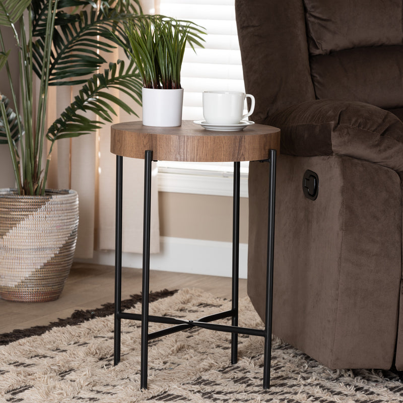 Savion End Table Modern Industrial Design with Walnut Brown Wood and Black Metal Accents