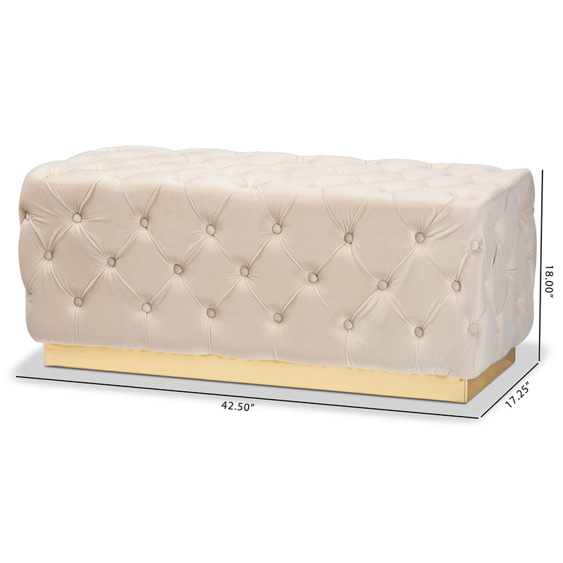 Corrine Ottoman Luxe Beige Velvet Fabric Upholstered with Gold PU Leather