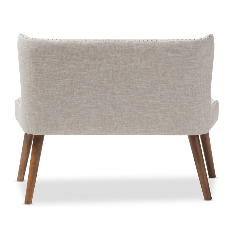 Scarlett Loveseat Mid-Century Modern Brown Wood and Light Beige Fabric Upholstered Button-Tufting with Nail Heads Trim 2-Seater Settee