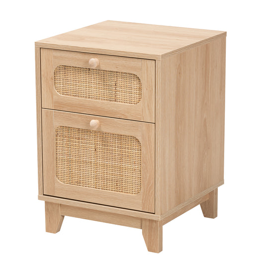 Elsbeth End Table - Mid-Century Modern Light Brown Wood with Natural Rattan and 1 Drawer for Stylish Storage