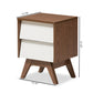 Hildon Mid-Century Modern Nightstand with 2 Drawers in White and Walnut for Stylish Bedroom Storage