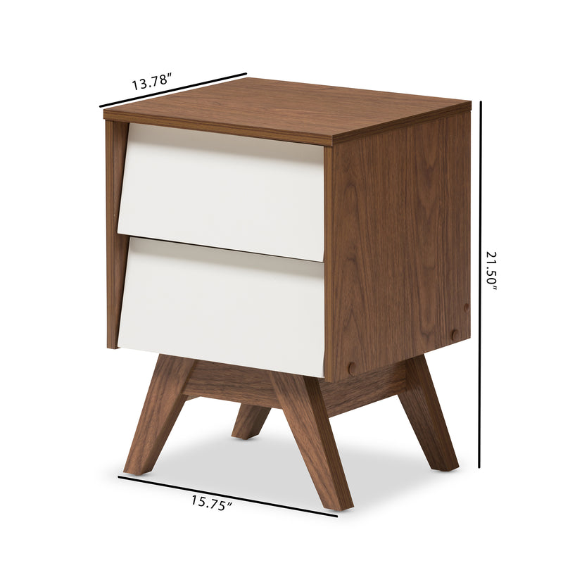 Hildon Mid-Century Modern Nightstand with 2 Drawers in White and Walnut for Stylish Bedroom Storage