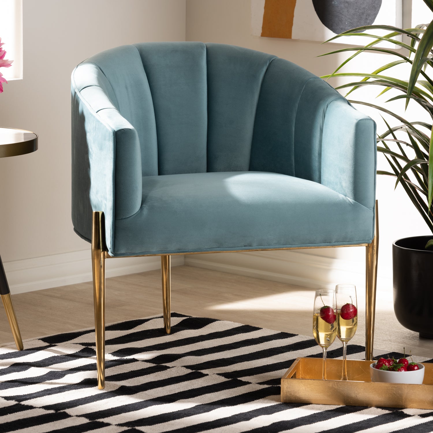 Clarisse Glam Accent Chair Light Blue Velvet Upholstered with Gold Finished Legs Stylish Elegant Home Decor Furniture Piece