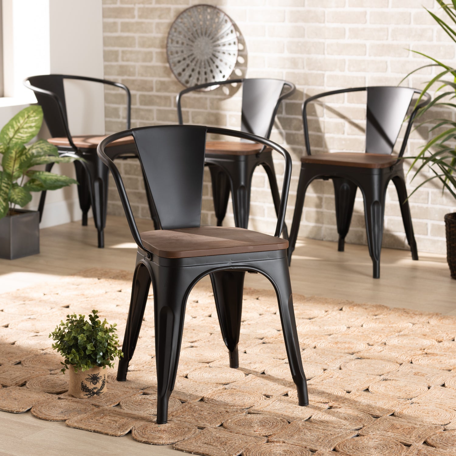 Ryland Modern Industrial Dining Chair Set - 4-Piece Black Metal and Walnut Wood Collection for Stylish Dining Spaces