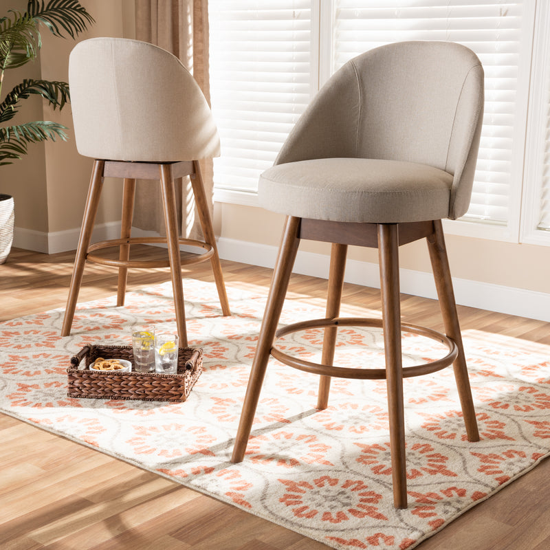 Carra Bar Stool Set Mid-Century Modern Light Beige Fabric Upholstered Walnut-Finished Wood 2-Piece