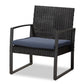 Greta Patio Set Modern 4-Piece Outdoor Furniture with Dark Blue Fabric Upholstery, Black Metal Finish, and Synthetic Rattan