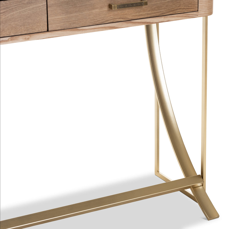 Lafoy Console Table Modern Contemporary Design Natural Brown Wood Gold Accents 2 Drawers for Storage