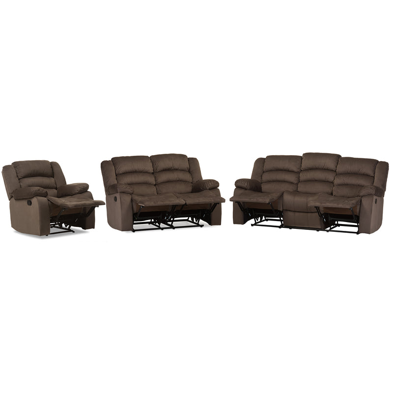 Hollace Modern Sofa Loveseat and Chair Set in Taupe Microsuede with 5 Recliners - Stylish Living Room Furniture