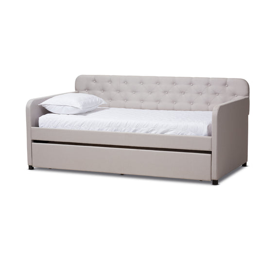 Camelia Sofa Daybed - Modern and Contemporary Beige Fabric Upholstered Button-Tufted with Roll-Out Trundle Guest Bed