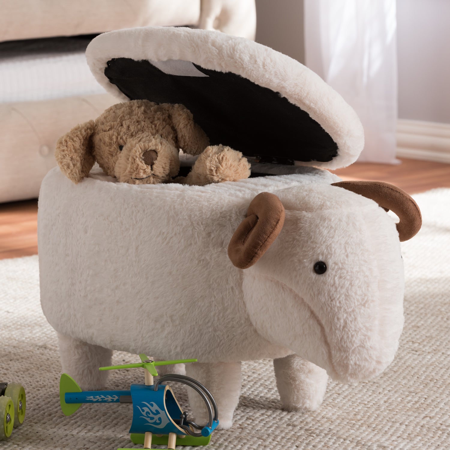 Pecora Contemporary Wool Upholstered Ottoman with Sheep Design and Storage Functionality