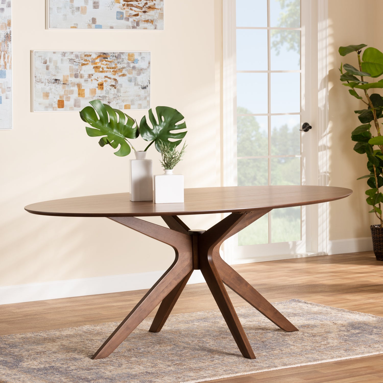 Monte Oval Dining Table Mid-Century Modern Design in Walnut Brown Finished Wood 71 Inches Long