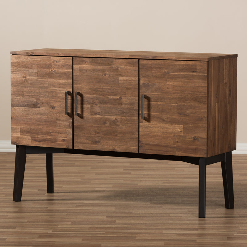 Selena Mid-Century Modern Sideboard Buffet Brown Wood 3-Door Storage Cabinet for Dining or Living Room