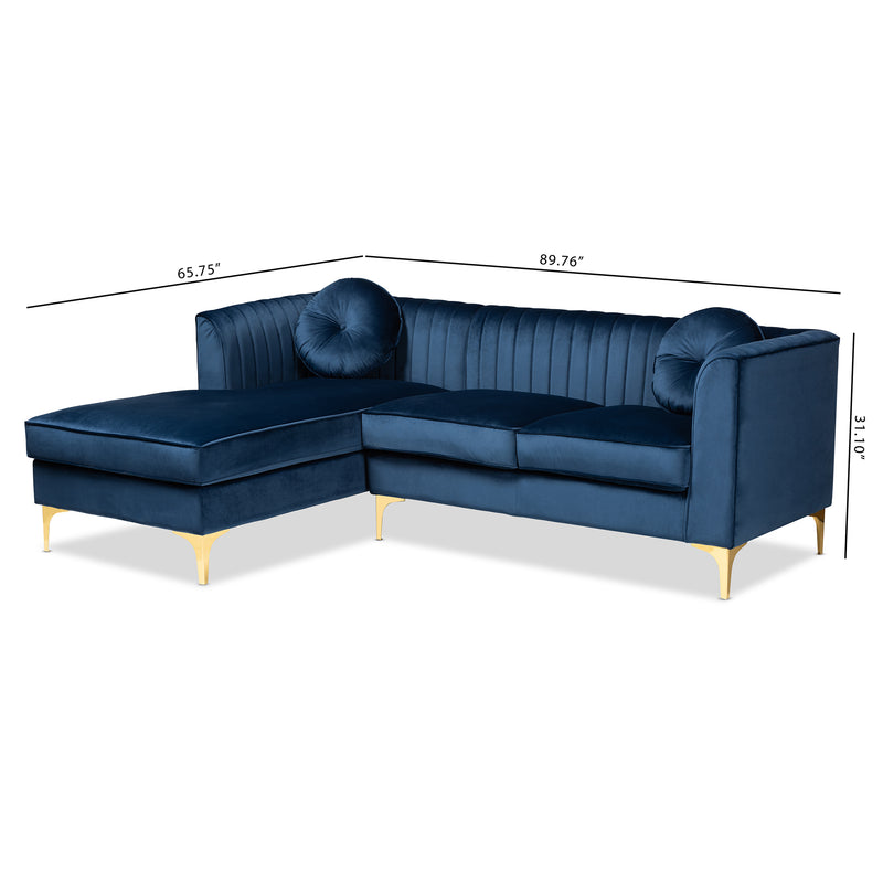 Giselle Glam Luxe Sectional Sofa Navy Blue Velvet Upholstered with Mirrored Gold Finish and Left Facing Chaise