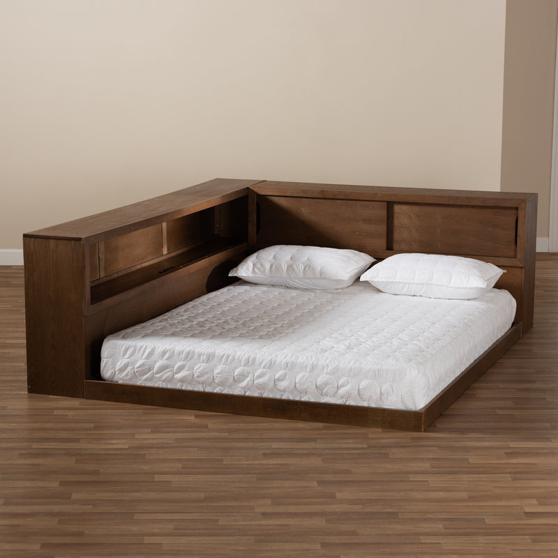 Erie Queen Size Platform Storage Bed - Modern Rustic Walnut Brown Wood with Built-In Outlet for Convenient Charging