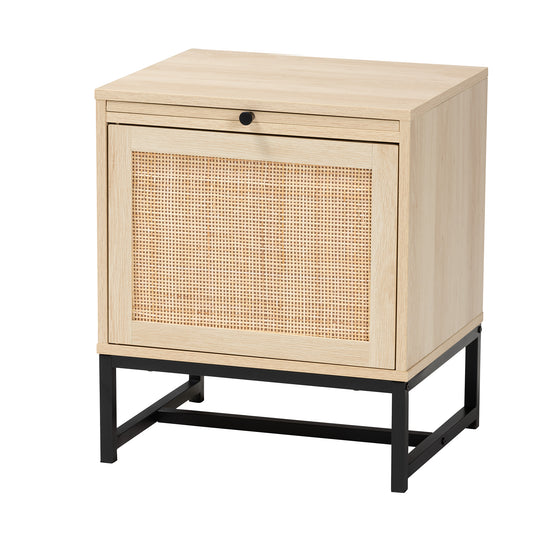 Caterina End Table - Mid-Century Modern Design in Natural Brown Wood and Rattan with Pull-Out Shelf