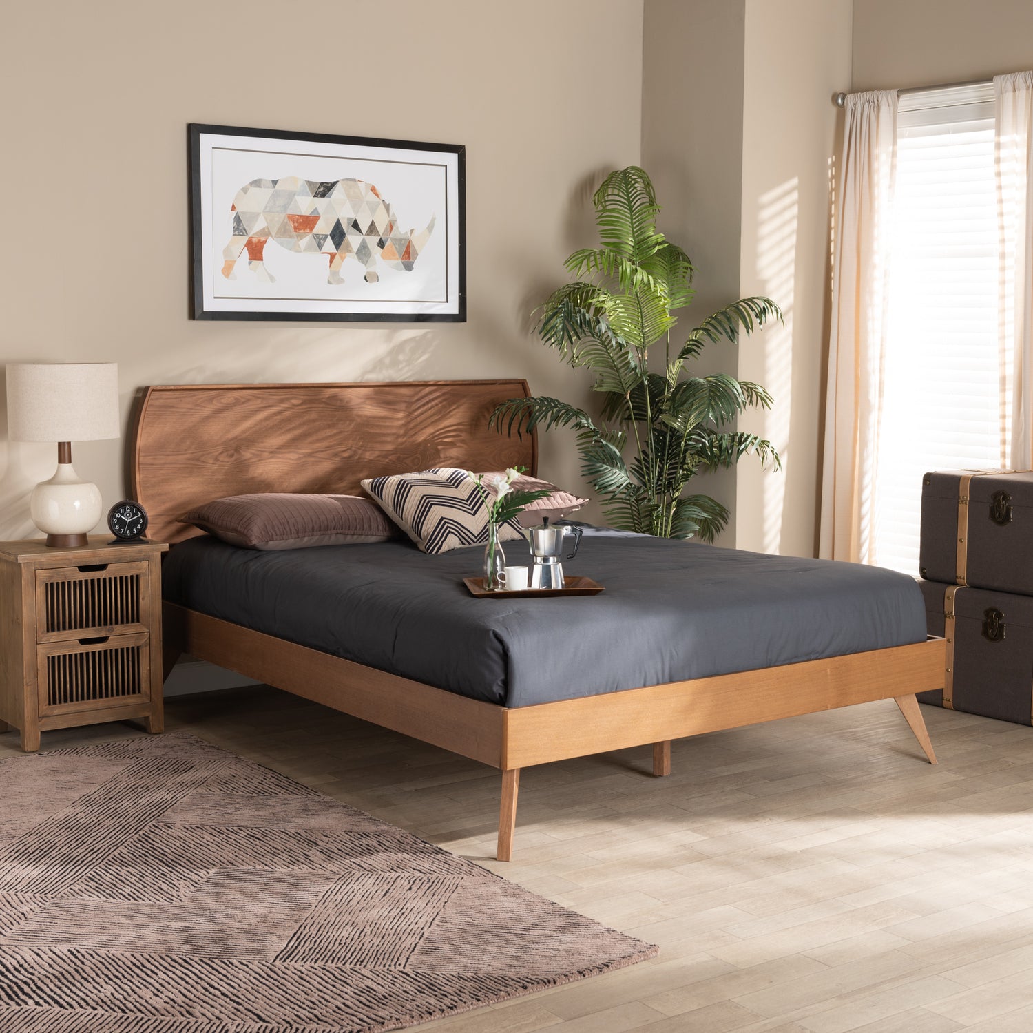 Aimi Platform Bed - Mid-Century Modern Walnut Brown Finished Wood