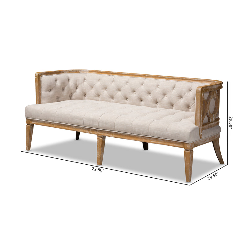 Agnes Sofa French Provincial Beige Linen Upholstered with White-Washed Oak Frame, Elegant Living Room Furniture, Classic Design