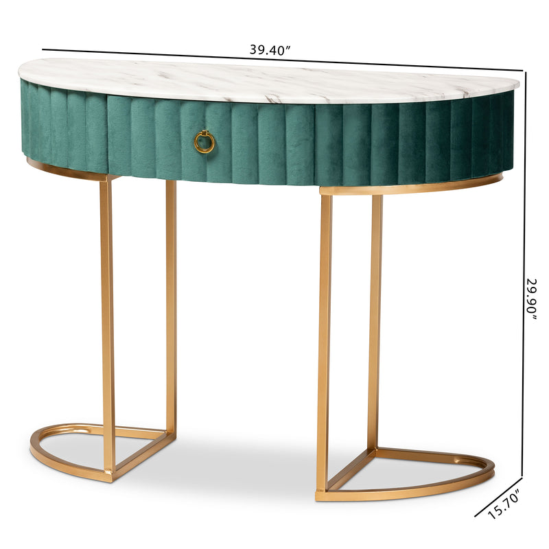 Beale Luxe Console Table Glam Green Velvet Upholstered Design with Brushed Gold Finish and Faux Marble Top, Includes 1 Stylish Storage Drawer