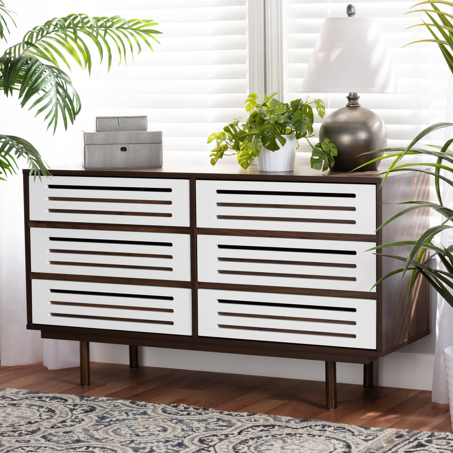 Meike Mid-Century Modern Dresser Two-Tone Walnut Brown and White 6-Drawer Storage Chest for Bedroom or Living Room