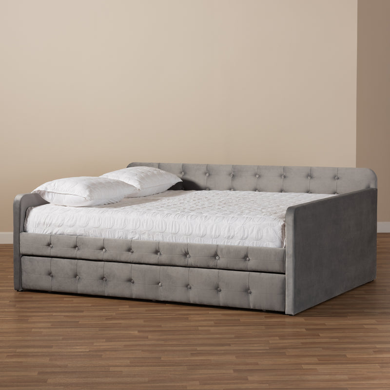 Jona Daybed - Modern and Contemporary Transitional Grey Velvet Fabric Upholstered with Button Tufting and Trundle