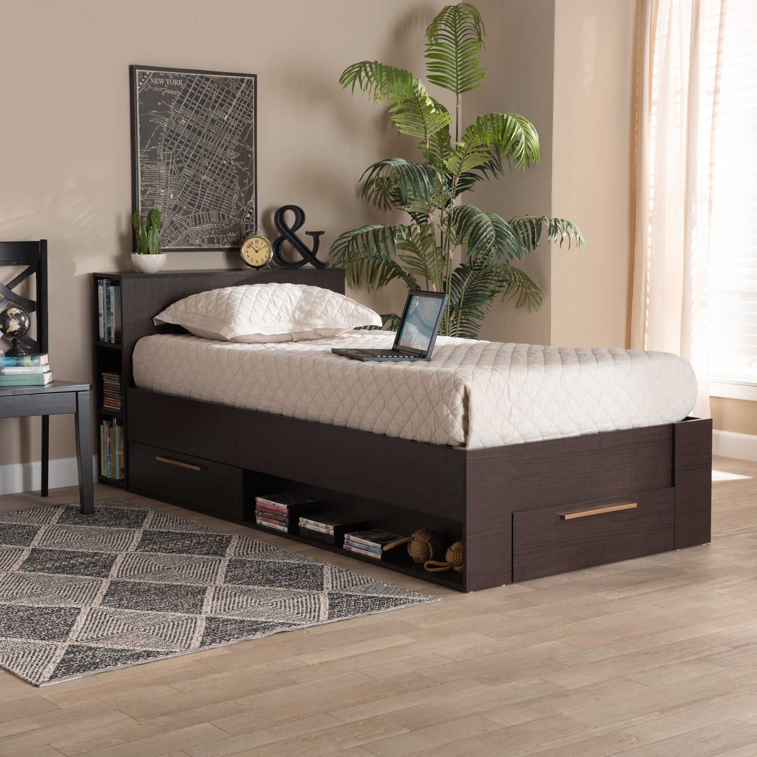 Carlson Twin Size Platform Storage Bed - Modern Espresso Brown Wood with 3 Drawers for Organized Living