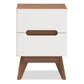 Calypso Mid-Century Modern Nightstand with 3 Drawers in White and Walnut for Stylish Bedroom Storage