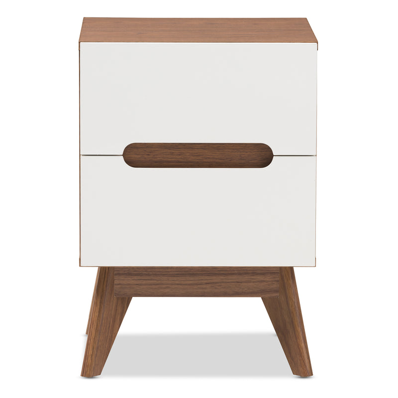 Calypso Mid-Century Modern Nightstand with 3 Drawers in White and Walnut for Stylish Bedroom Storage