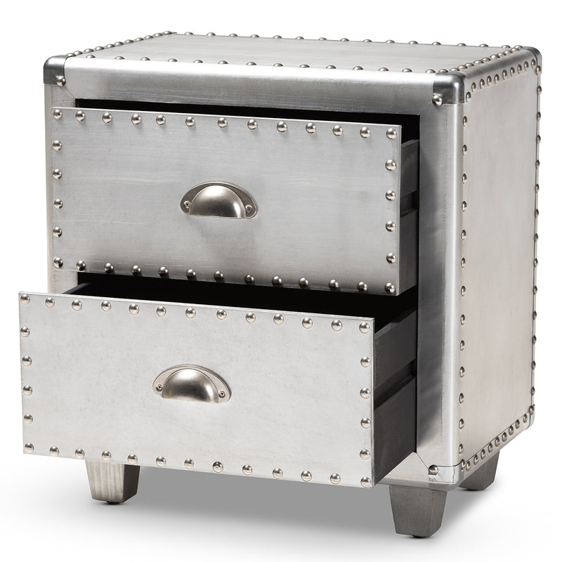 Davet Industrial End Table French Silver Metal 2-Drawer Nightstand for Living Room or Bedroom