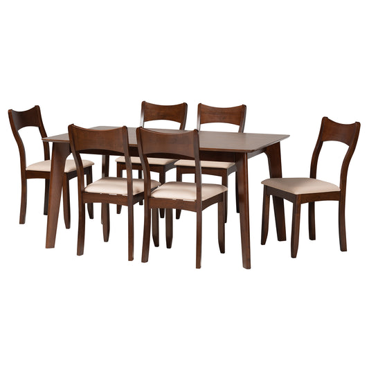 Adreana Dining Set Mid-Century Modern Cream Fabric and Dark Brown Finished Wood 7-Piece