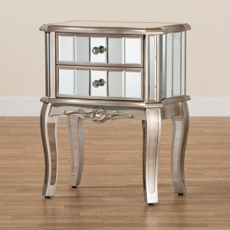 Elgin End Table - Contemporary Glam Design with Brushed Silver Wood and Mirrored Glass, Featuring 2 Stylish Storage Drawers