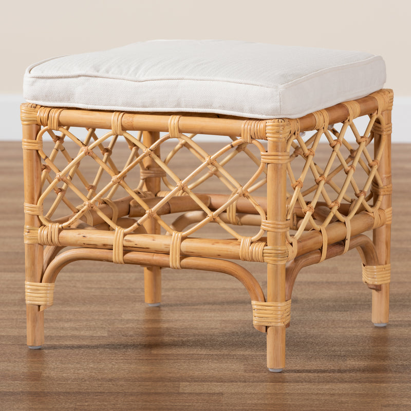 Orchard Bohemian Ottoman Modern White Fabric Upholstered with Natural Brown Rattan Design for Stylish Home Decor and Versatile Seating