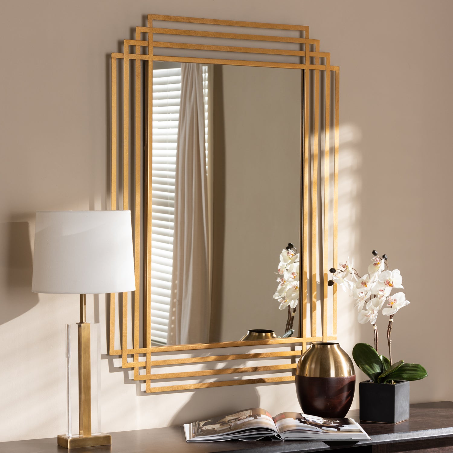 Kalinda Accent Wall Mirror Art Deco Style Antique Gold Finish Rectangular Design for Home Decor