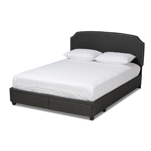 Larese Queen Size Platform Storage Bed Dark Grey Fabric Upholstered with 2 Convenient Drawers for Storage