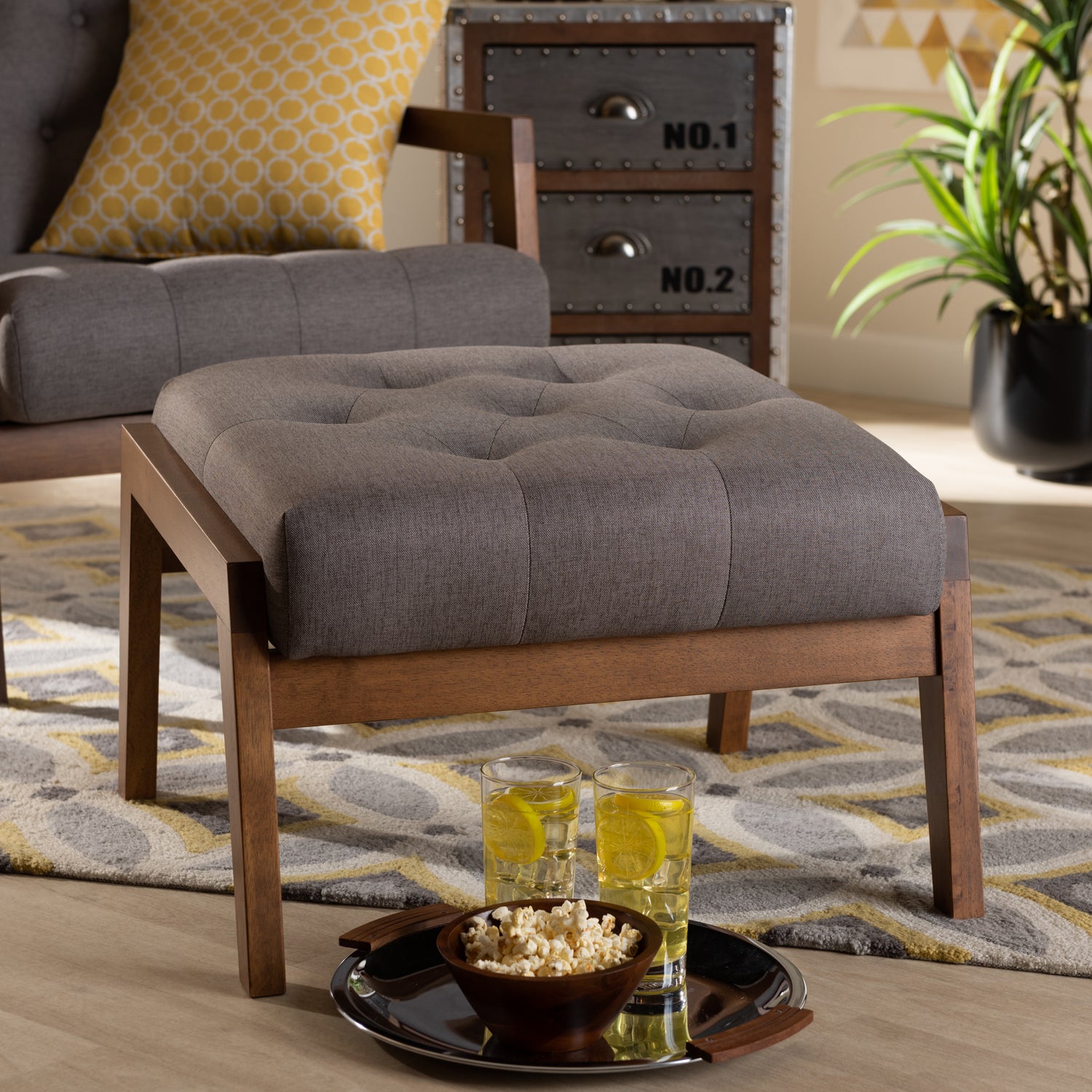 Naeva Footstool Mid-Century Modern Grey Fabric Upholstered with Walnut Base Stylish Accent for Living Room or Bedroom