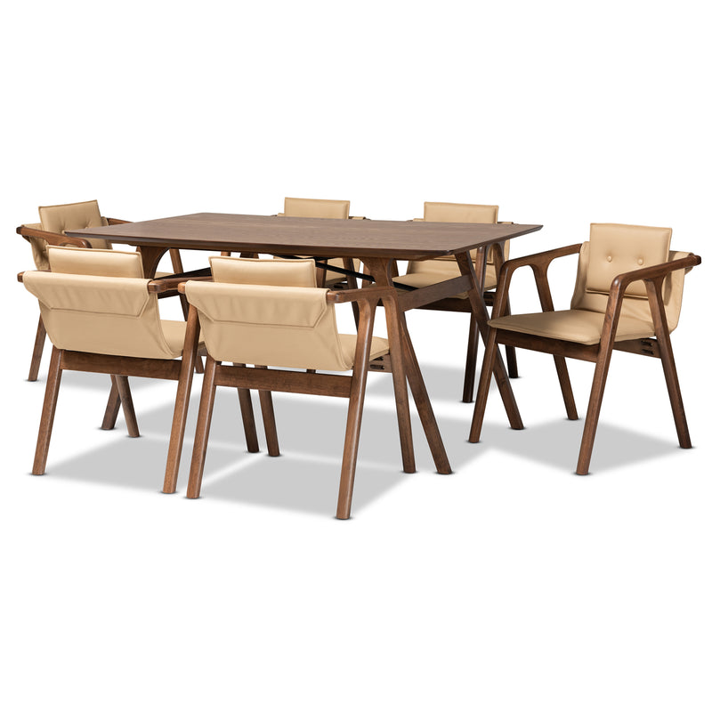 Marcena Dining Set Mid-Century Modern Beige Imitation Leather Upholstered Walnut Brown Finished Wood 7-Piece