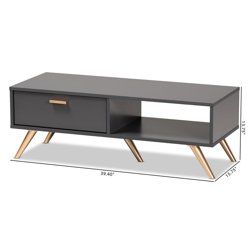 Kelson Coffee Table Modern Contemporary Dark Grey Wood Gold Finish Stylish Living Room Furniture Piece