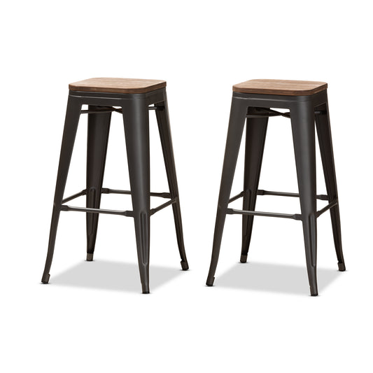 Henri Stackable Bar Stool Set - Vintage Rustic Industrial Style with Tolix-Inspired Design, Bamboo and Gun Metal-Finished Steel