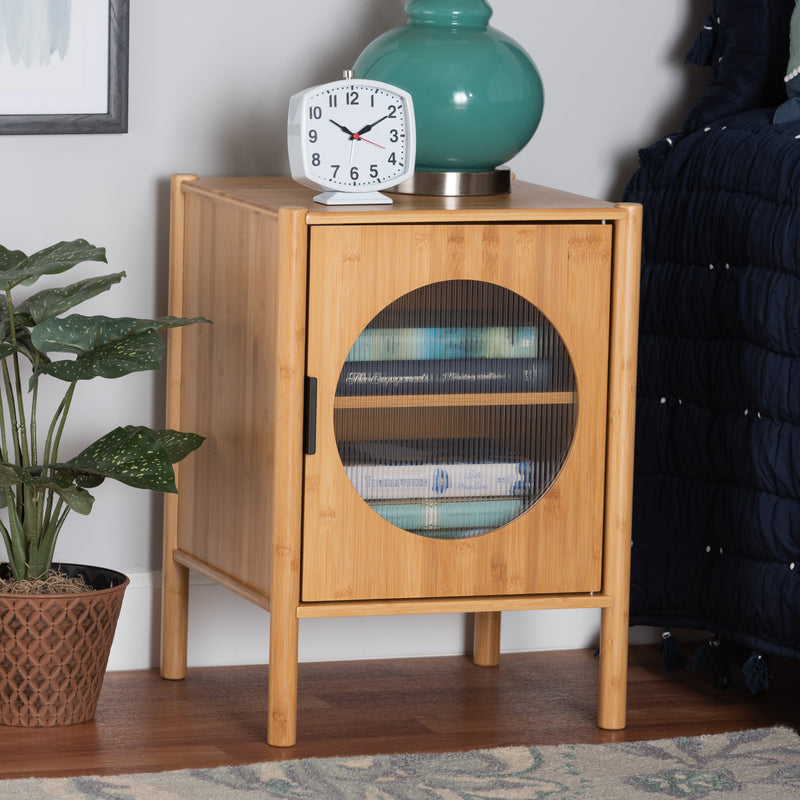 Naresh Mid-Century Modern End Table Natural Brown Bamboo Wood with 1 Door for Stylish Storage