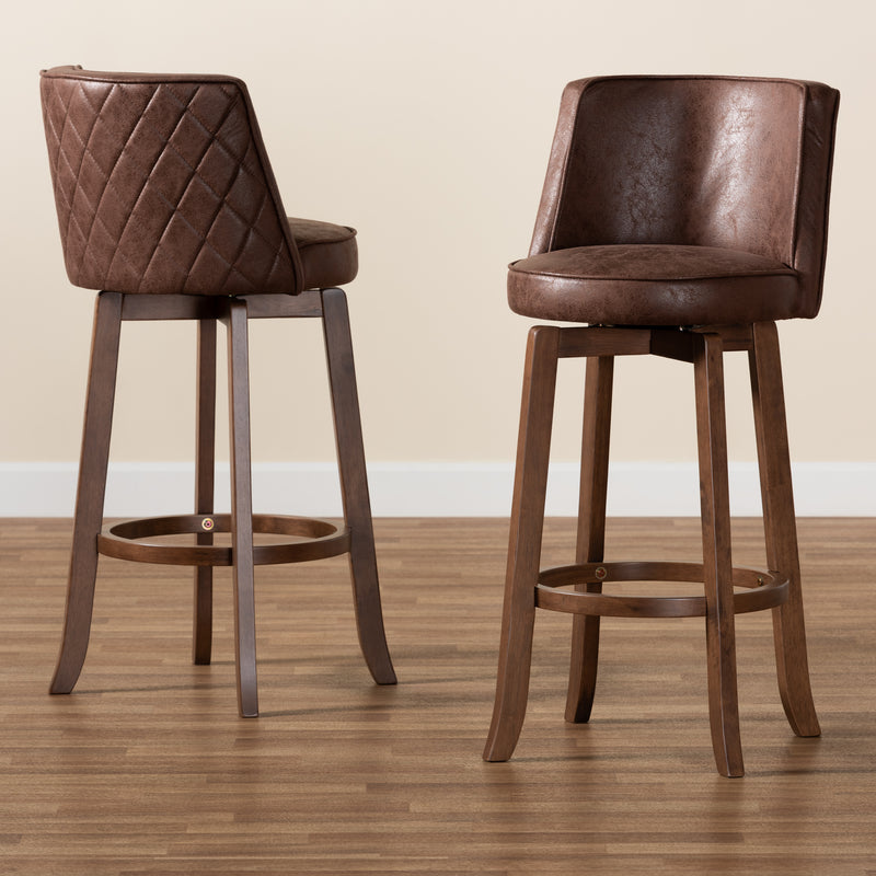 Adams Bar Stool Set Modern Transitional Distressed Brown Fabric Upholstered and Walnut Brown Finished Wood 2-Piece